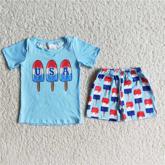 boy summer blue shirt and shorts outfit with popsicle