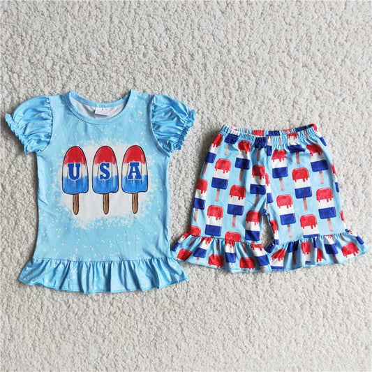 girl blue outfit with popsicle print for independence day