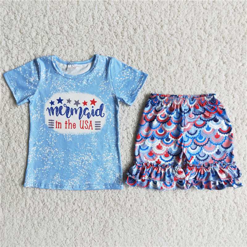 girl summer blue shirt match shorts outfit for independence day