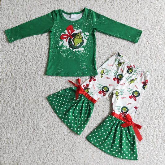 6 C6-20 girl green long sleeve t-shirt match polka dot bell pants 2pieces set for christmas