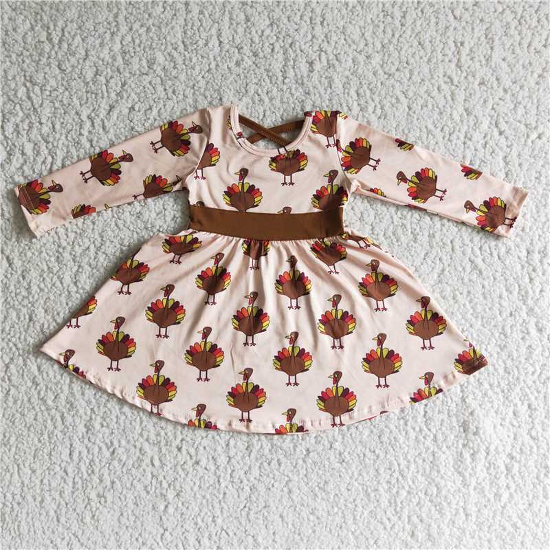 6 C10-19 thanksgiving day turkey print girl long sleeve twirl dress with brown belt