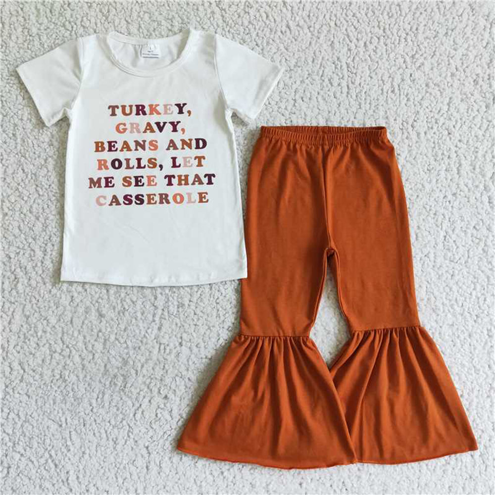 D7-18 girl white short sleeve shirt and brown solid color bell pants set for thanksgiving day