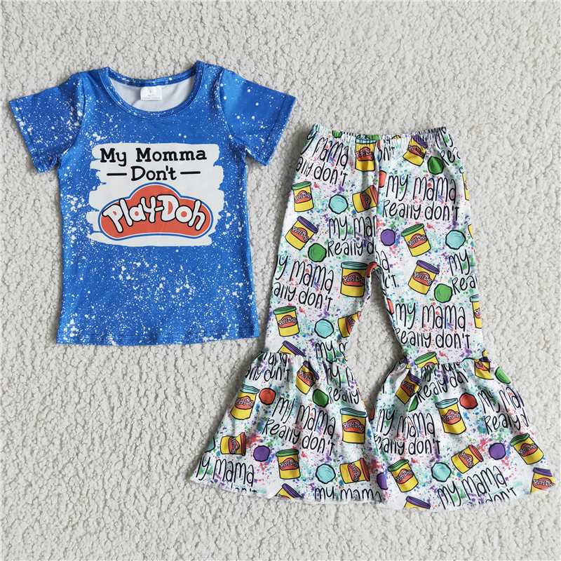 D11-3 girl blue short sleeve shirt and letter design bell pants 2pieces set for spring