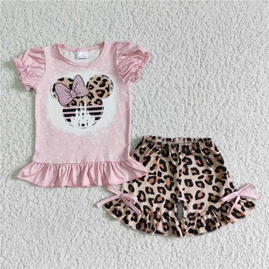 GSSO0062 Girls Pink Short Sleeve Mickey Bow Leopard Shorts Set