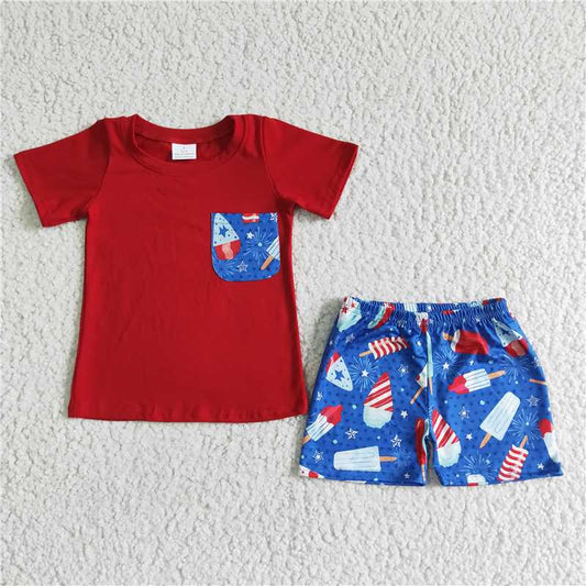 BSSO0025 Boys Red Blue Pocket Popsicle Ice Cream Shorts Set