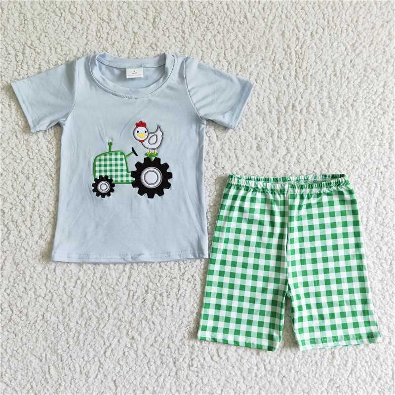 BSSO0031 Boys Blue Embroidered Car Chick Short Sleeve Green Check Shorts Set