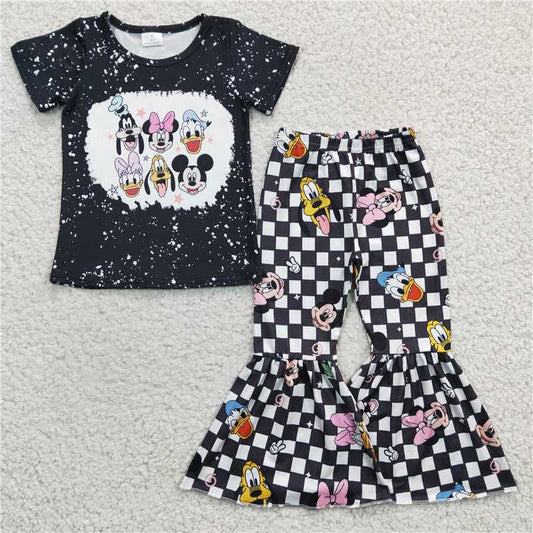 GSPO0445 girl black short sleeve top and plaid bell pants outfit