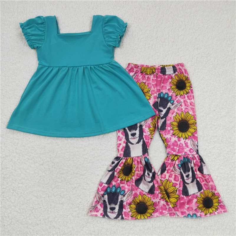 GSPO0345 Girls Cow Sunflower Blue Short Sleeve Trousers Set