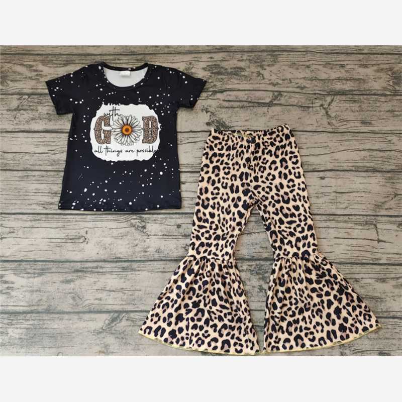 GSPO0478 Girl GOD Little Daisy Navy Blue Short-sleeved Leopard Print Trousers Suit