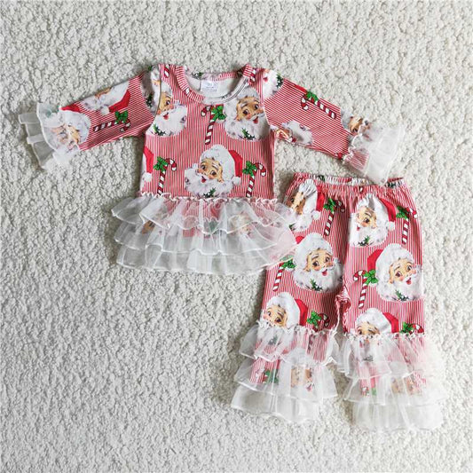 6 B12-18 girl red christmas santa pattern long sleeve outfit with lace