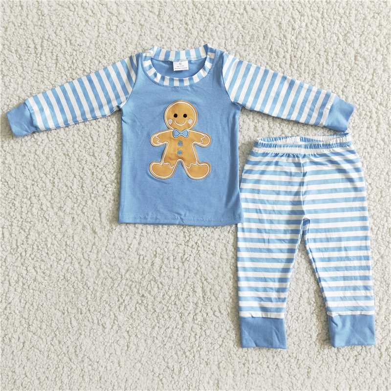 6 B8-23 boy christmas long sleeve cotton gingerbread embroidery top match blue white stripe pants