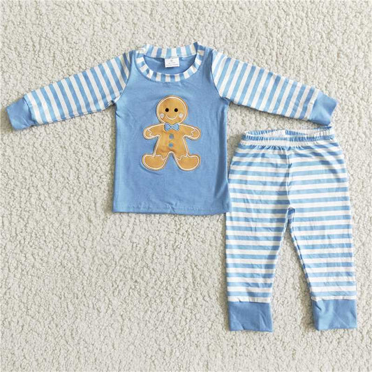 6 B8-23 boy christmas long sleeve cotton gingerbread embroidery top match blue white stripe pants