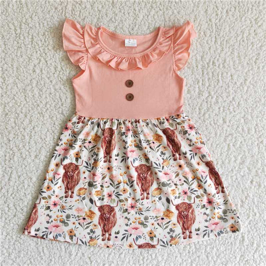 B13-30  Cow Flower Pink Flying Sleeve Dress