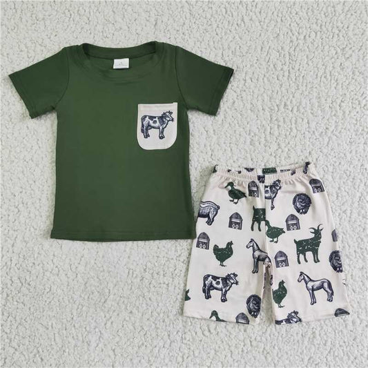 BSSO0046  Boys Green Pocket Cow Short Sleeve Farm Short Set