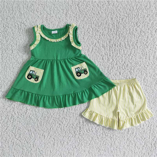 GSSO0097 Girls Green Car Pocket Sleeveless Yellow Lace Shorts Set
