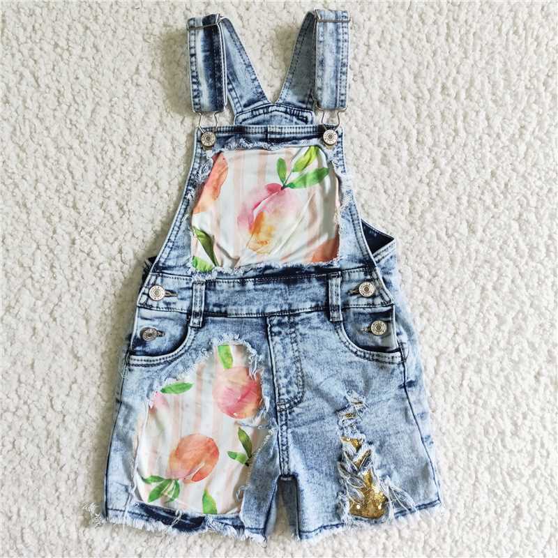 SS0022  Peach Leaf Sequined Bib Denim Shorts