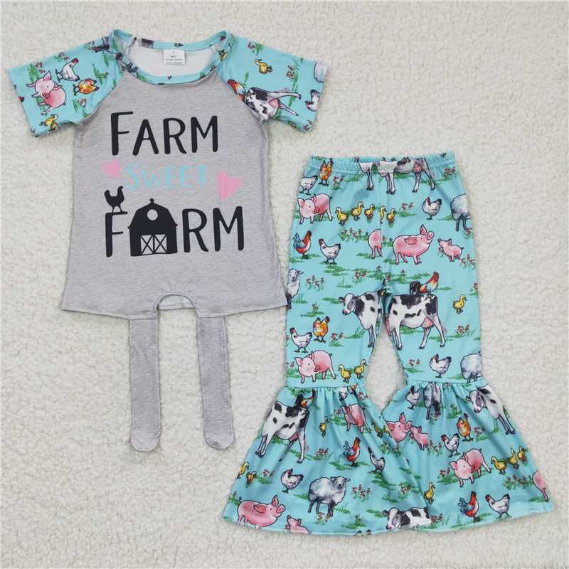 C3-15 Letter Print Cow Short Sleeve Top Farm Pattern Pants