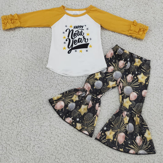 6 B11-2 girl yellow long sleeve letter top match star and balloon black bell bottoms