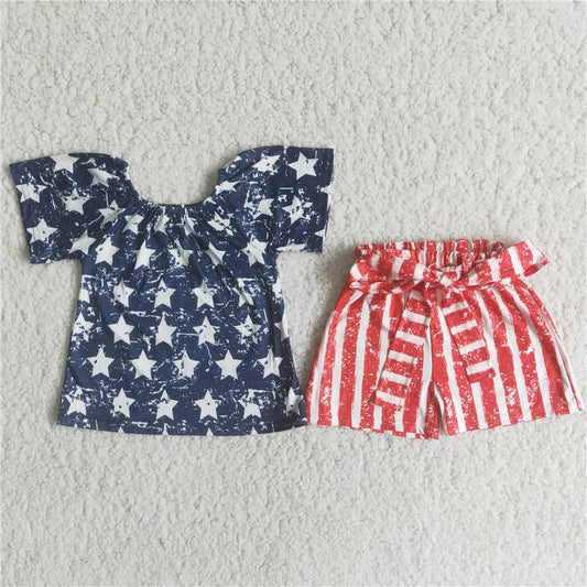 D13-29 summer girls Blue Stars Red Stripes Suit western boutique outfit for baby girls clothes two-pieces set kids set