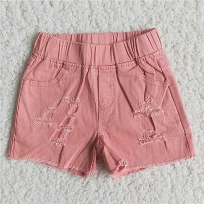 girl elastic waist holes denim shorts