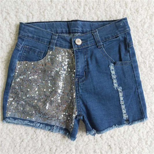 girl summer silver sequins design denim shorts