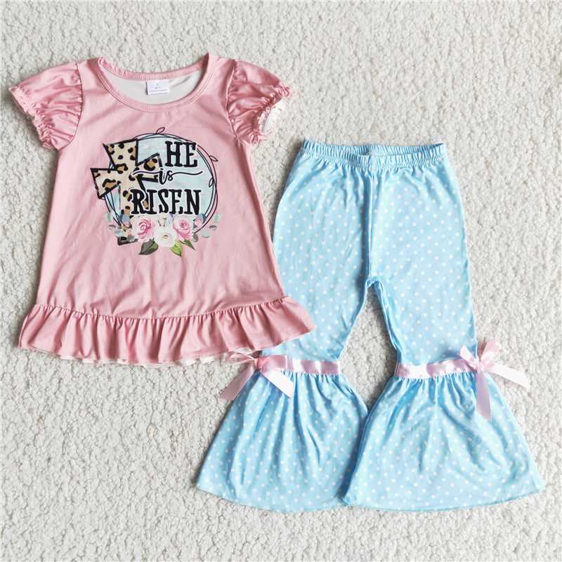 B5-25 Easter Pink Short Sleeve Blue Flared Pants Set