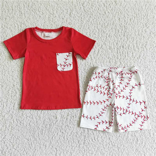 BSSO0022 Boys Red Line Leaf Baseball Pattern White Pocket Short Sleeve Shorts Set