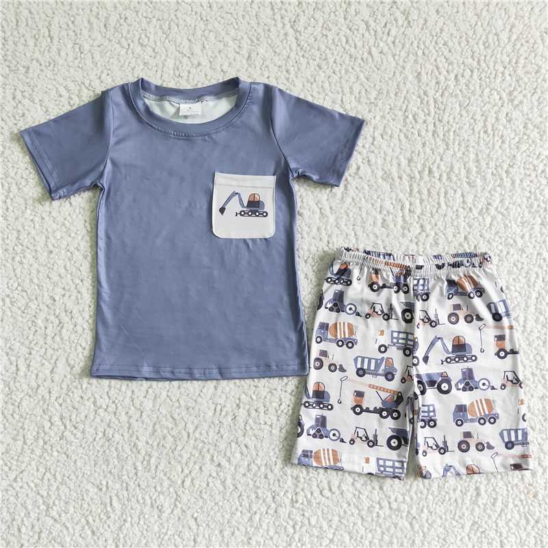 BSSO0063 Boys Gray Pocket Excavator Short Sleeve Shorts Set