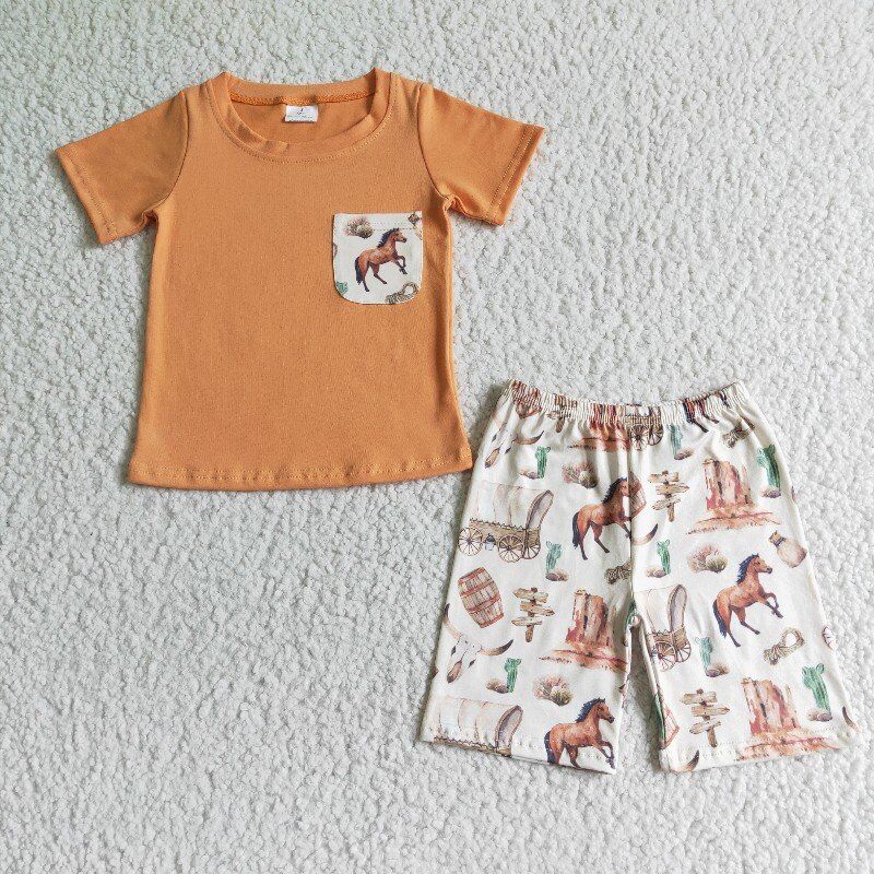 BSSO0072  Boys  Horse Taurus Cactus Pocket Short Sleeve Shorts Set