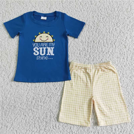 BSSO0057 Boys Embroidered SUN Sun Short Sleeve Yellow Shorts Set