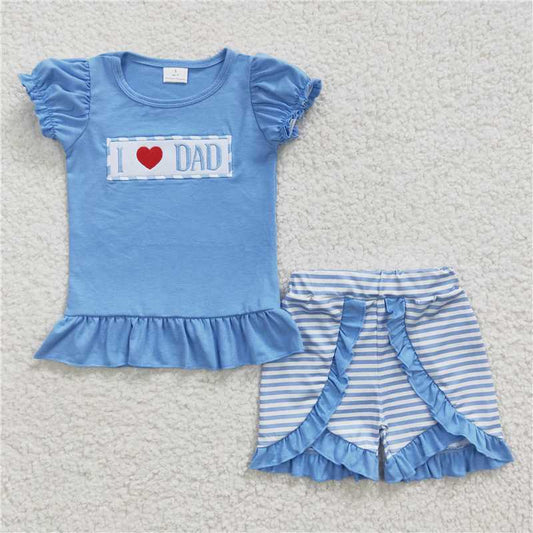 GSSO0187 Girls Embroidered Heart Blue Short Sleeve Shorts Set
