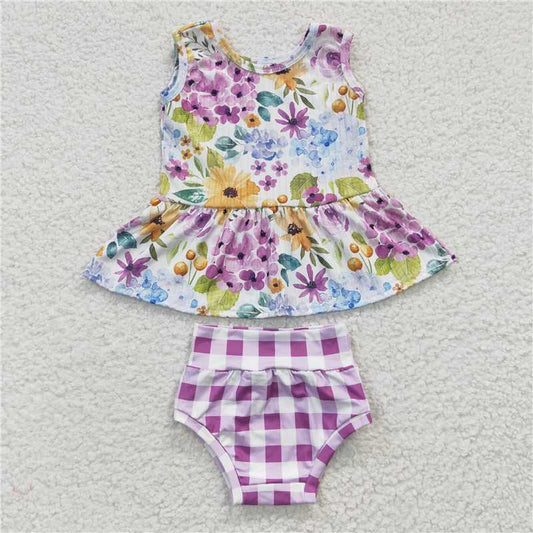 GBO0086 Girls Purple Flower Sleeveless Plaid Brief Set