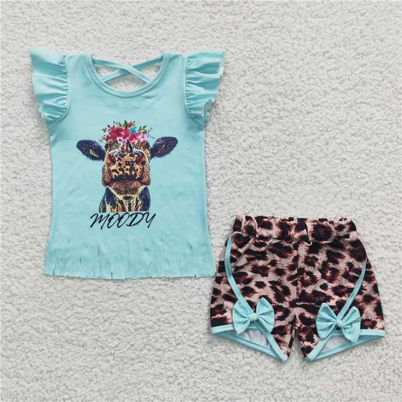 GSSO0197 Girls MOODY Cow Blue Tassel Short Sleeve Shorts Set