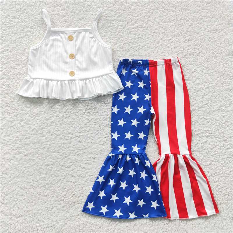 GSPO0480 Girls White Vest Stars Stripes Trouser Set 7