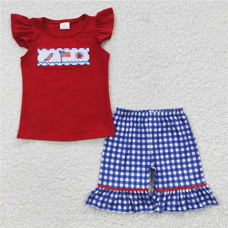 GSSO0193  Boys Embroidered National Day Flag Firework Red Short Sleeve Shorts Set