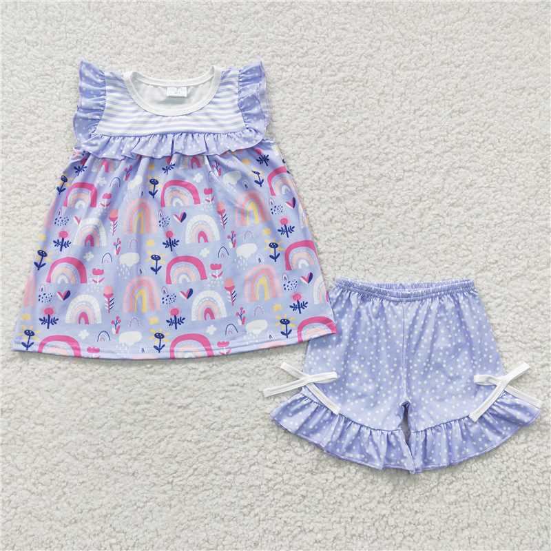 GSSO0214 Girls Rainbow Flower Blue Polka Dot Sleeveless Shorts Set