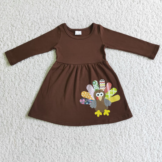 6 A31-12 girl long sleeve brown cotton frock with turkey printed thanksgiving day twirl dress