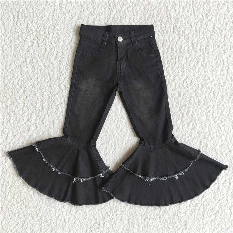 baby girls black solid color denim pants with double ruffles