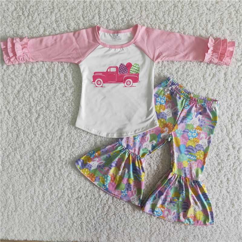 girl fashion raglan long sleeve t-shirt cartton bell pants kid truck outfit