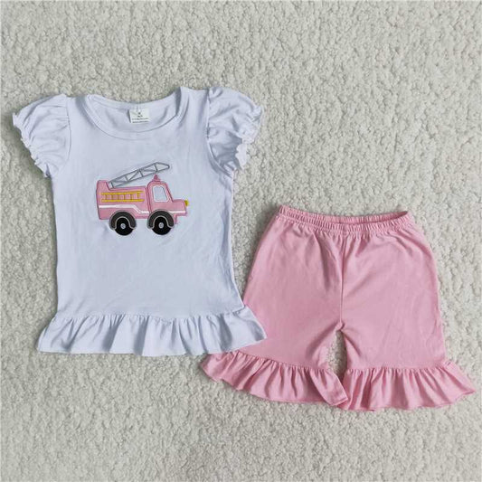 B3-4 Embroidered fire truck cotton top girl suit
