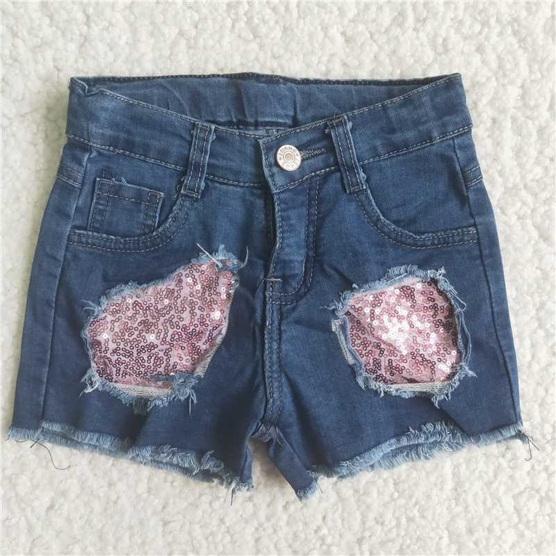 girl pink sequin holes denim shorts