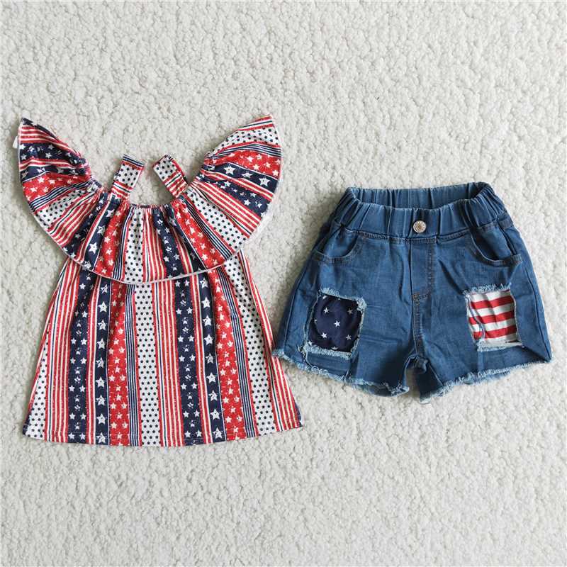 infants baby girl star print top and denim shorts for july 4th