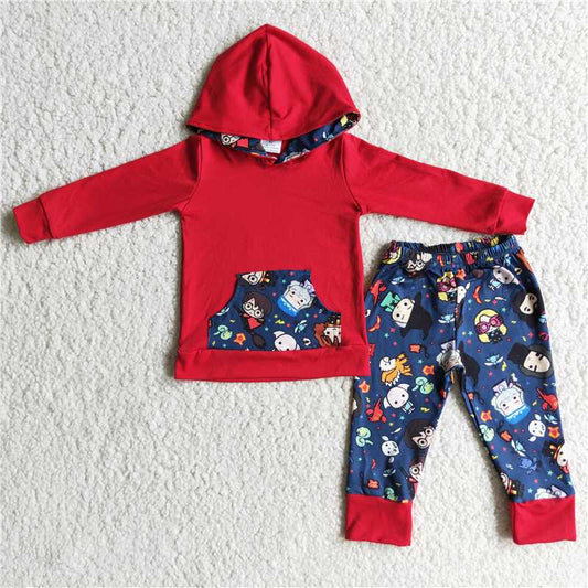 girl red hoodie with pocket and long pants outfit for autumn winter