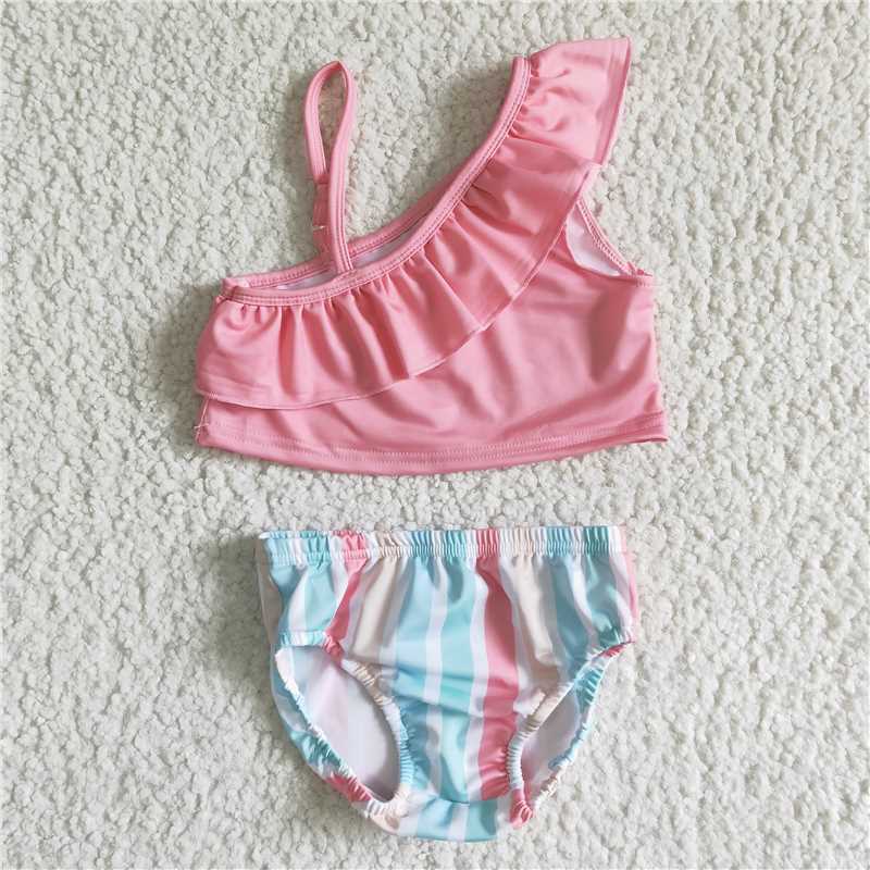 S0021 Girls Pink Lace Camisole Colorful Striped Briefs Swimsuit