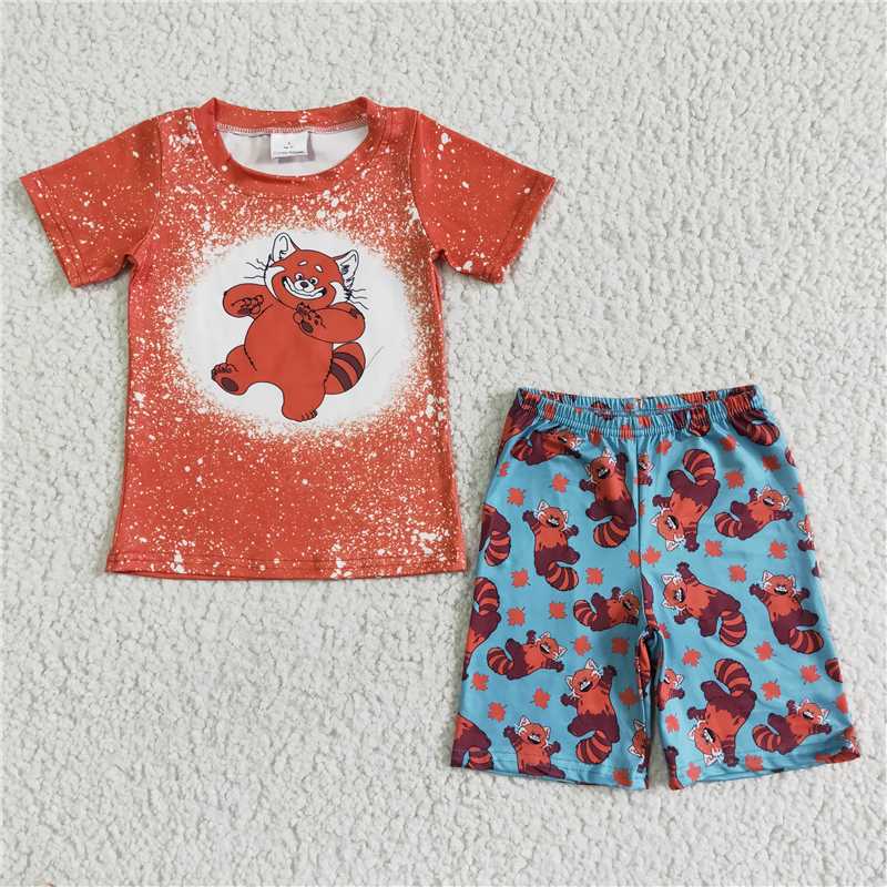 BSSO0045 Boys turning red bear orange short-sleeved blue shorts suit