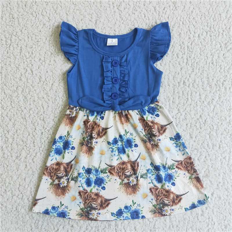 GSD0124 Blue Flying Sleeve Dress With Printed Tau Flower