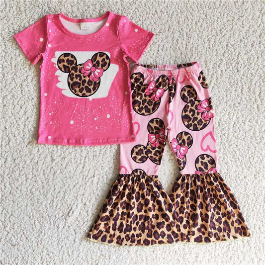 GSPO0225 Girl Leopard Print Cartoon Head Rose Red Short-sleeved Trousers Suit