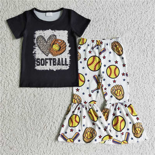 GSPO0215 Girls Printed Alphabet Baseball Short Sleeve Pants Set