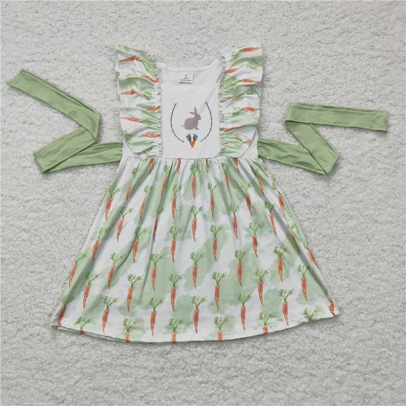 GSD0157 Girls Rabbit Carrot Green Flying Sleeve Tie Dress