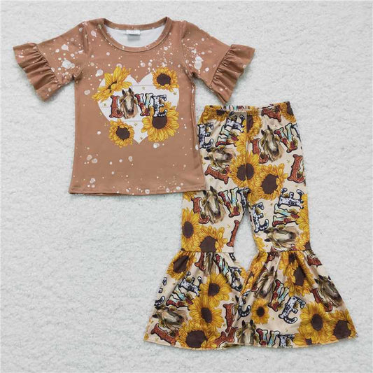 GSPO0277 Girls Letter Print Sunflower Brown Short Sleeve Trouser Set